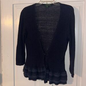 Lauren Ralph Lauren Women’s 1 Button Cardigan Sweater Blue Medium Tiered Hem